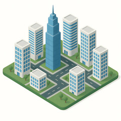 modern city block with high-rise buildings, roads, and green areas, perfect for urban planning or tech visuals. Isometric Generative ai raster colorful illustration.