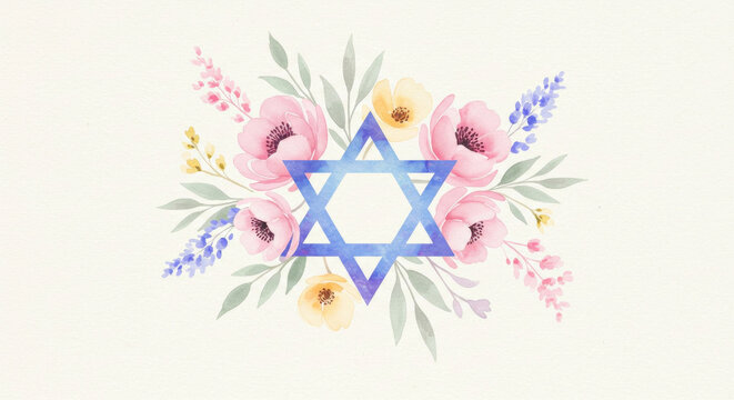 Star of David with watercolor flower bouquet. Jewish holiday celebration concept. Religious symbol with blooming floral decoration.