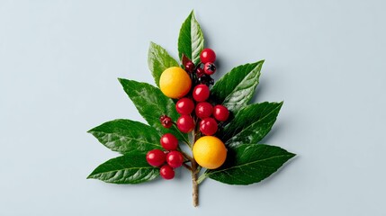 Leafy green branch with red berries and yellow fruit. The fruit is arranged in a way that it looks like a Christmas tree