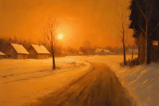 A serene winter landscape bathed in a warm, golden-orange glow as the sun sets behind snow-covered trees and rustic cabins. A winding dirt path cuts through the quiet field, leading toward cozy wooden