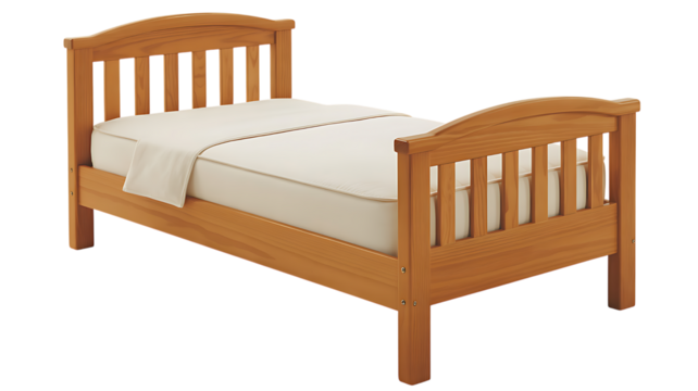 A classic wooden toddler bed with a simple white mattress and bedding.