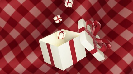 Horizontal Christmas New Year loop animation gift box ribbon celebration winter joy magic sparkle red white background 3D render minimal luxury sale discount shopping wrap decor greeting wishlist snow - Powered by Adobe