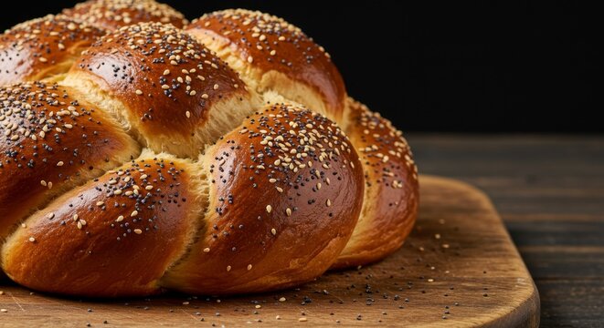 Freshly baked challah bread with sesame and poppy seeds on a wooden cutting board, traditional Jewish sabbath food for holiday dinner.