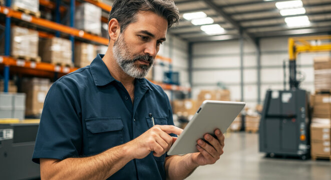 Man employee in navy blue uniform checking stock with digital tablet. Warehouse management and logistic service concept. Inventory control.