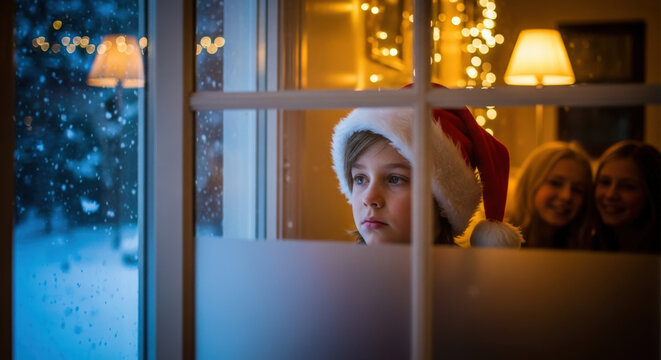 Young child in Santa hat watching snowy Christmas night from window, siblings smiling behind, evoking festive anticipation and cozy home warmth.