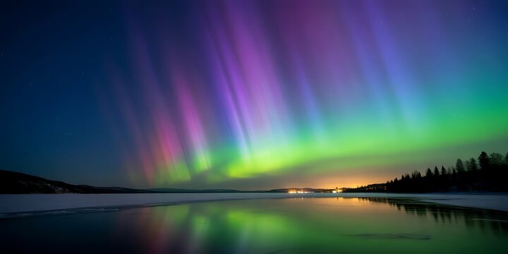 Vibrant Aurora Borealis dances over frozen lake and distant town lights northern lights night sky