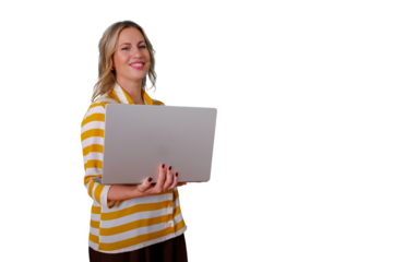 Cheerful businesswoman holding a laptop, showing digital content and remote work success with a confident smile, transparent background