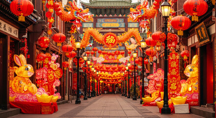 Chinese street decorated with red lanterns and a gold dragon. Lunar New Year celebration in Asia. Traditional festival decor background.