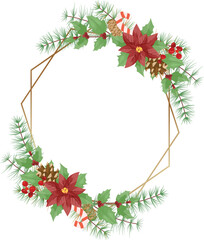 Christmas Greeting Frame with Red Poinsettia Flowers, Holly, and Festive Decorations