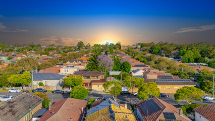 Fototapeta premium Aerial Panorama Drone View of a inner western Sydney Suburb of Ashbury Urban Sprawl and the terracotta roof tops streets and trees of Suburban Sydney NSW Australia