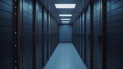 Dark futuristic data center hallway with rows of server racks and glowing lights server room corridor