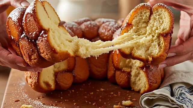 Hands pulling apart a delicious and gooey freshly baked cinnamon sugar monkey bread ring
