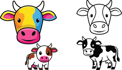 Obraz premium Cartoon cow vector illustration set farm animal graphic design editable vector