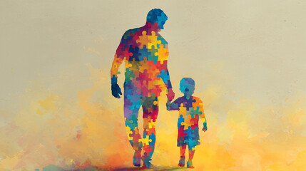 Colorful puzzle silhouettes of adult and child symbolizing autism awareness and harmony