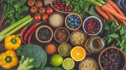 Overhead view of colorful fresh produce and dried ingredients arranged on a wooden surface overhead shot