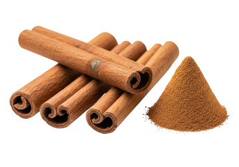 Fragrant Cinnamon Sticks And Powdered Spice For Culinary Use On Transparent Backdrop, Natural Ingredient