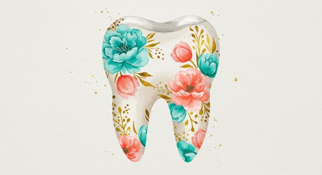 Decorative tooth with watercolor flower pattern. Creative dental health care concept. Illustration for dentist office decor or Valentine day.