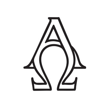 A striking black and white line art illustration featuring the alpha and omega symbols combined creatively