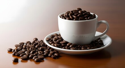 A white ceramic cup filled with coffee beans placed on a matching saucer with some beans scattered on a wooden surface in a well-lit setting