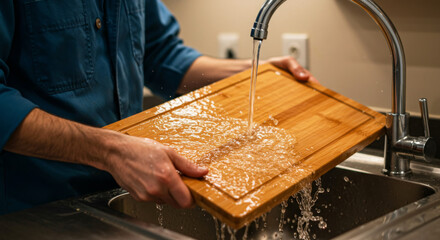 Man washing wooden chopping board under running water in a kitchen sink, emphasizing cleanliness and hygiene in food preparation