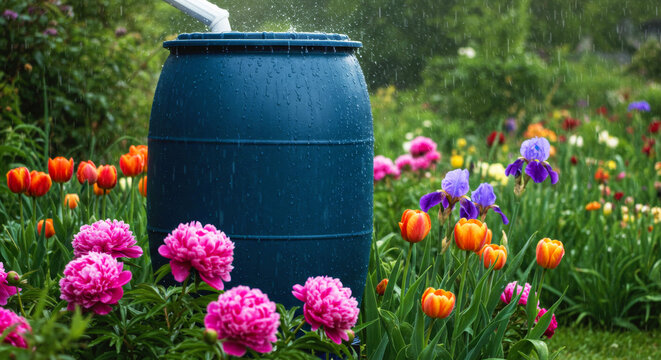 Rainwater collection in a blue barrel in a vibrant garden full of colorful flowers during a light rain shower. Sustainable living and ecological concept.