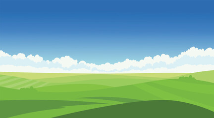Green Hills Landscape with Blue Sky and Clouds Illustration