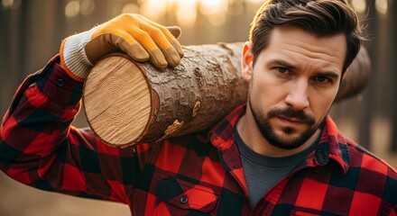 Strong lumberjack carrying wooden log over shoulder in forest at sunset. Bearded outdoorsman in plaid shirt and gloves amid golden woodland light