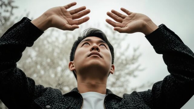 Young adult asian man looking up with hands raised in a gesture of hope or prayer. Conceptual portrait representing faith, freedom, and a spiritual connection with the outdoors