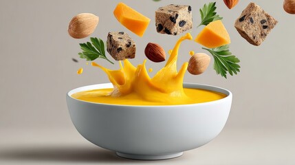 A bowl of soup with a splash of yellow liquid and a bunch of nuts and vegetables floating in it