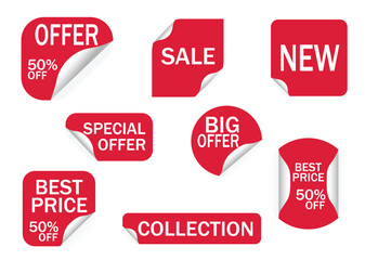 Red Promotional Sticker Label Set with Sale and Offer Text