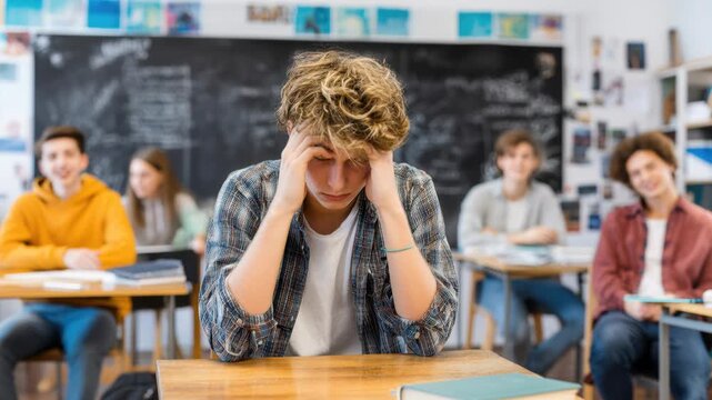 sad caucasian boy sitting against wall in crowded corridor while classmates walk past, backpacks, blurred figures, muted light, lockers, vulnerable posture,