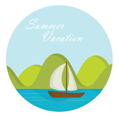 Summer Vacation Sailboat Illustration with Mountains and Blue Water