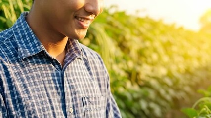 A smiling young man in a plaid shirt standing in a sunny green field at sunset.