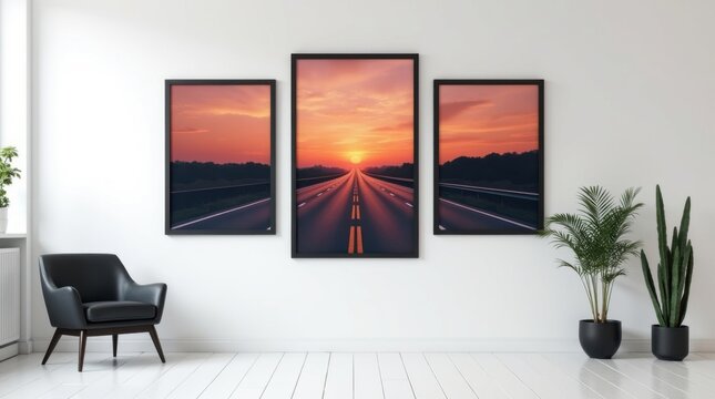 Marcos negros grandes tipo tríptico con imágenes de carreteras al atardecer