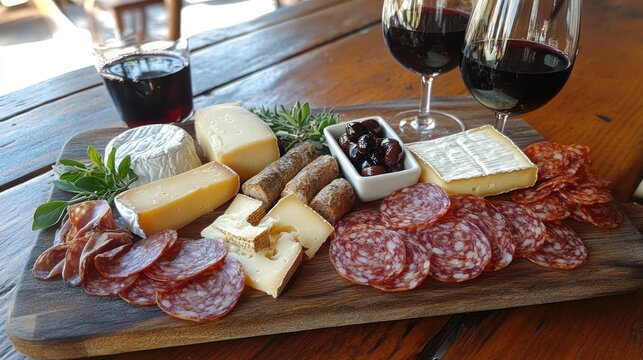 Assortment of cheeses meats and olives on a charcuterie board