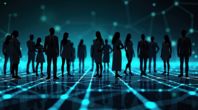 Siluetas de personas de pie sobre l&iacute;neas de cuadr&iacute;cula brillantes