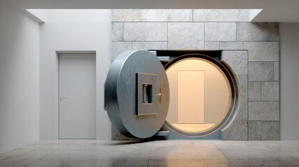 A large, silver vault door is open, revealing an empty vault. The door is locked, but the key is missing. The vault is located in a room with white walls and a tiled floor. The room is dimly lit