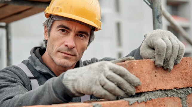 A man wearing a yellow hard hat and safety gloves is leaning against a brick wall. He is a construction worker, possibly a bricklayer