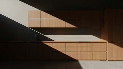 Sunlit modern kitchen design with wood cabinets and sleek minimalist details, a beautiful and functional interior space