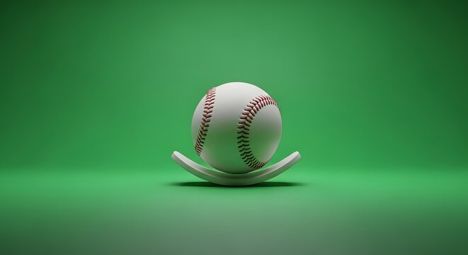A close-up of a classic baseball resting on a curved wooden stand against a vibrant green background