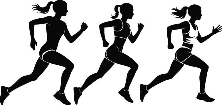 Female runner silhouettes in motion, athletic training sequence, dynamic running posture, fitness performance, sports activity, marathon preparation, outdoor exercise illustration - Powered by Adobe