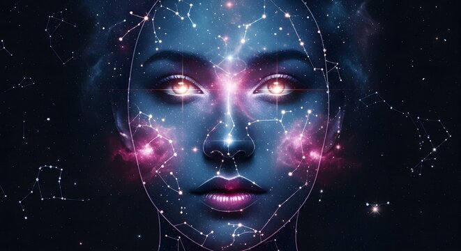 A surreal digital illustration of a woman's face with cosmic elements, stars, and constellation patterns blending into her features, creating a mystical and futuristic atmosphere
