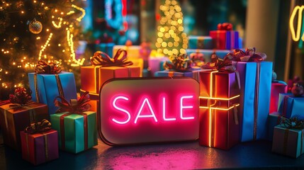 Neon sale sign glowing brightly amidst a generous heap of gifts