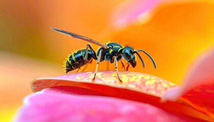A detailed macro photograph captures a black and yellow striped wasp resting on a delicate flower petal, with a soft, blurred background of warm colors.