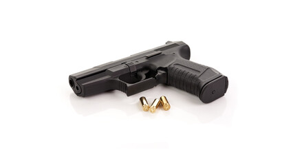 Black metal handgun and 9mm bullets isolated on white, symbolizing military and police firearm protectionBlack metal handgun and 9mm bullets isolated on white, symbolizing military and police firearm 