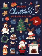  Festive collection of Christmas and New Year elements. Vector illustration of Santa, snowman, cat, moose, tree, fireplace, gifts, sweater, and food on dark Background.
