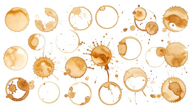 Assorted coffee/tea stain rings and blots on a white backdrop, varying in color and intensity