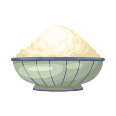 Ceramic mixing bowl filled with flour or powdered sugar. Hand-drawn vector illustration in a rustic watercolor sketch style, isolated for baking blogs, cooking preparation, and ingredient lists.