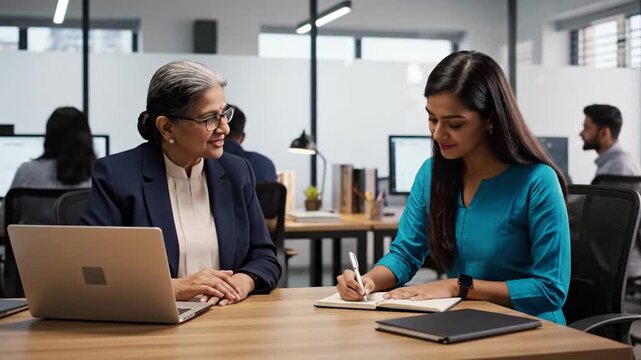 3230155 359 happy mature middle 60s aged smiling lady boss manager teacher talking to assistant or student meeting in office space company team working together with the laptops and assista 76416576 1