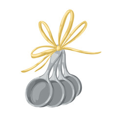 Set of metal measuring spoons tied with a gold ribbon. Hand-drawn vector illustration in a simple watercolor style, isolated for cooking blogs, recipe preparation, and kitchen utensil graphics.
